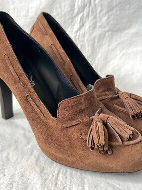 Tods high heel shoes moccasin pumps tassels brown suede 38.5 8.5 womens fringe